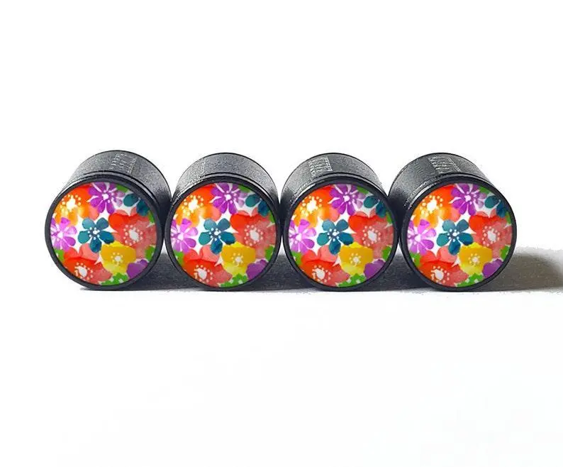 Flower Bouquet (Style 4) Tire Valve Caps - Black Aluminum - Set Of Four 1