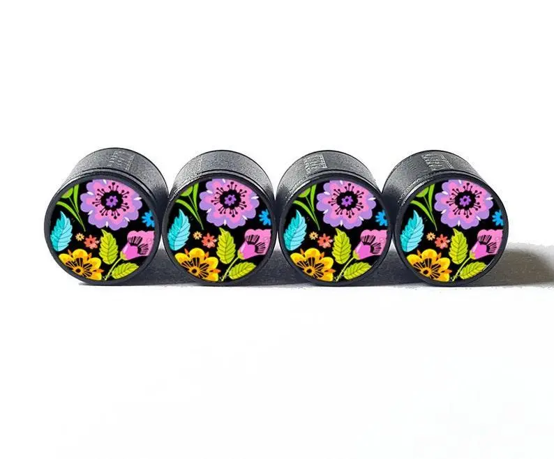 Flower Bouquet (Style 5) Tire Valve Caps - Black Aluminum - Set Of Four 1