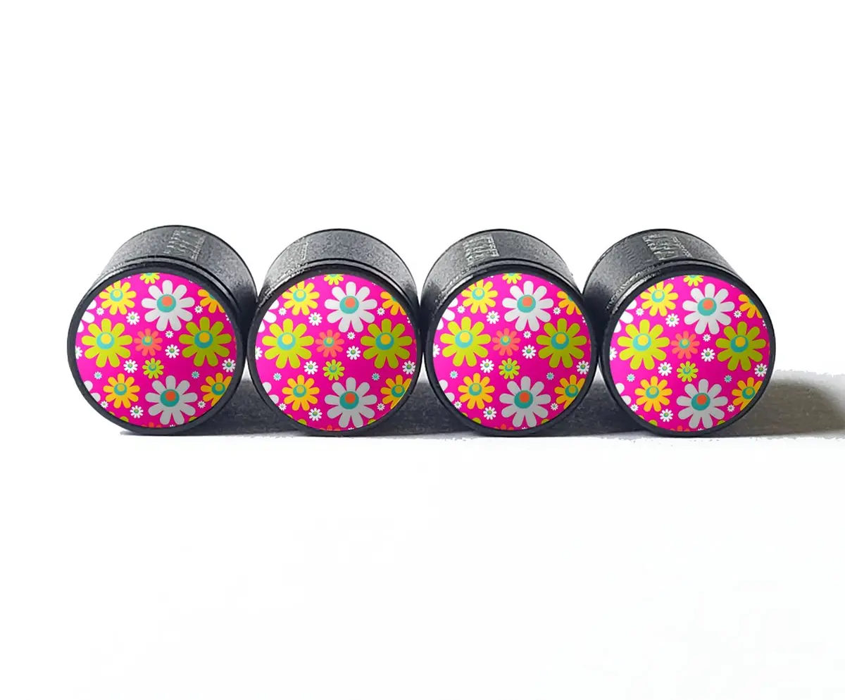 Flower Bouquet (Style 6) Tire Valve Caps - Black Aluminum - Set Of Four 1