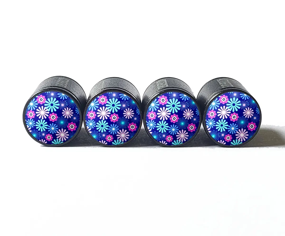 Flower Bouquet (Style 7) Tire Valve Caps - Black Aluminum - Set Of Four 1