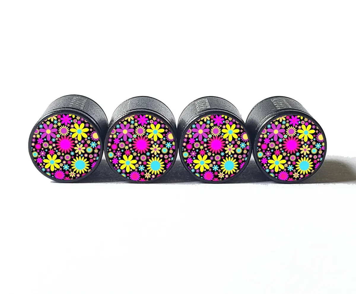 Flower Bouquet (Style 8) Tire Valve Caps - Black Aluminum - Set Of Four 1