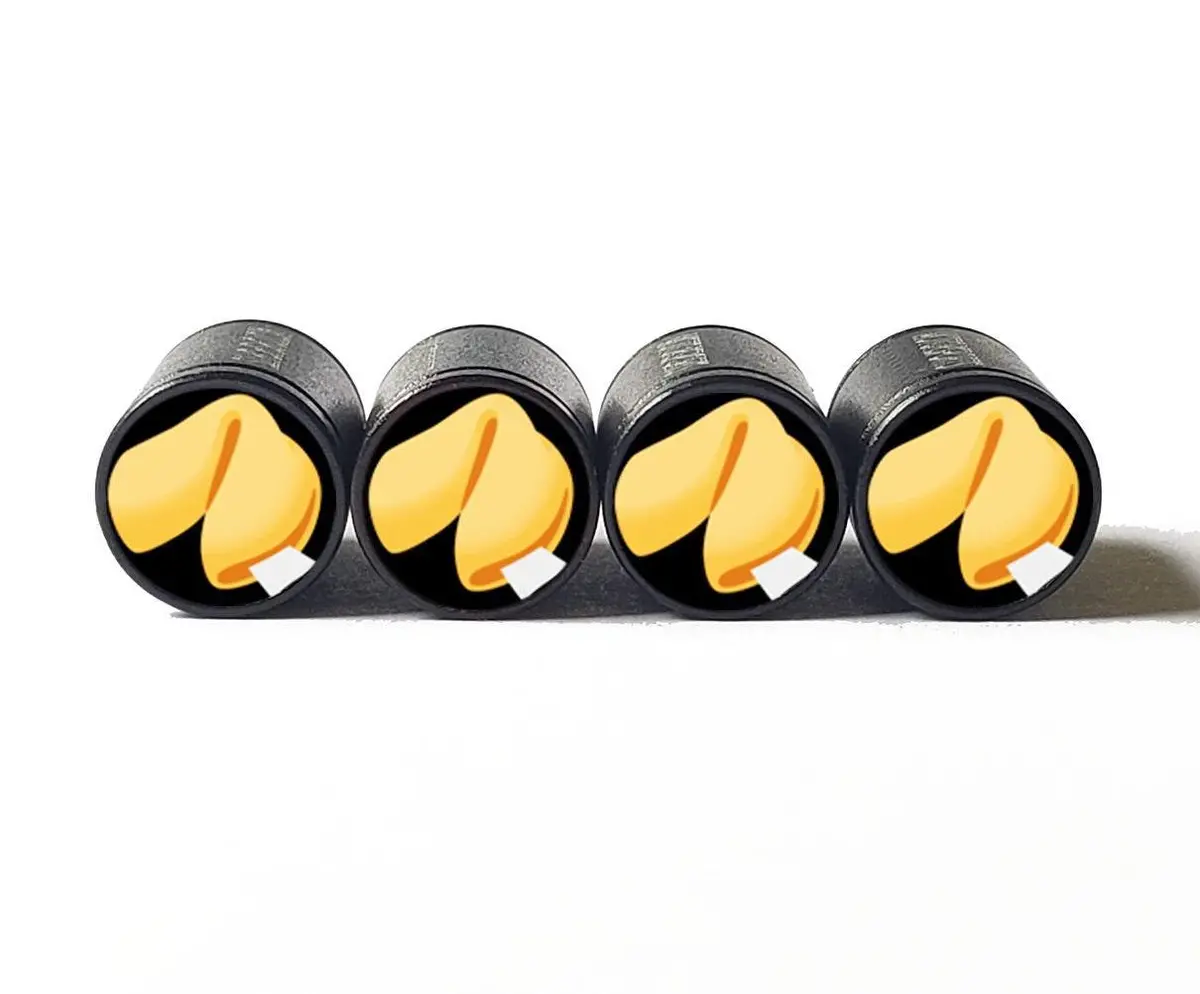 Fortune Cookie Emoji Tire Valve Caps - Black Aluminum - Set Of Four 1
