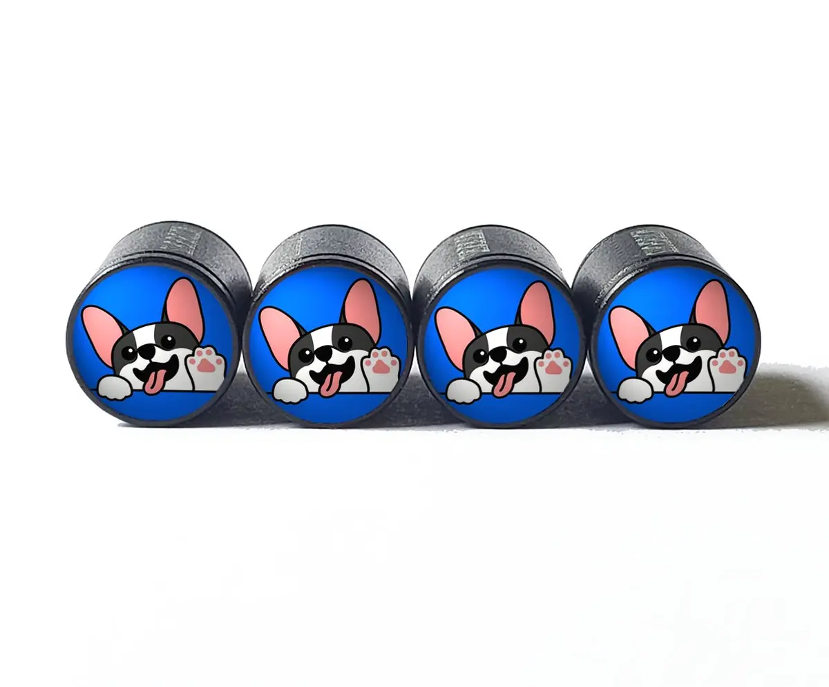 French Bulldog Puppy Waving Tire Valve Caps - Black Aluminum - Set Of Four 1