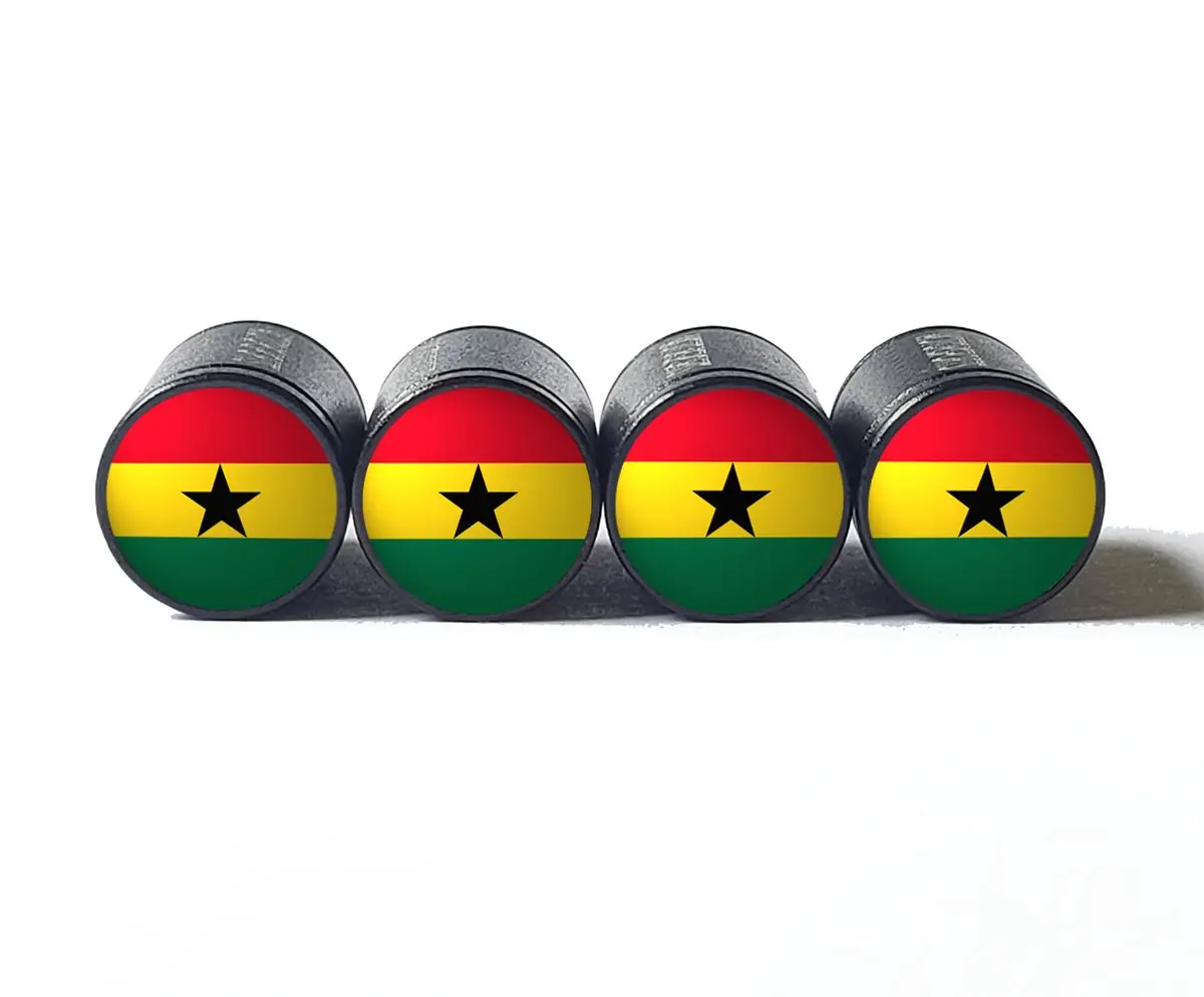 Ghana Flag Tire Valve Stem Caps - Black Aluminum - Set Of Four 1