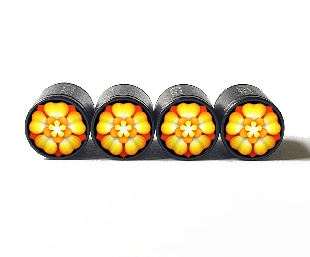 Golden Flower Blossom Emoji Tire Valve Caps - Aluminum - Set Of Four 1