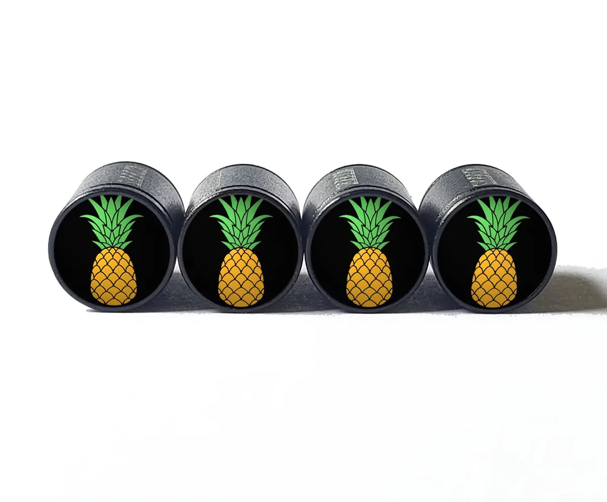 Golden Pineapple Tire Valve Caps - Black Aluminum - Set Of Four 1