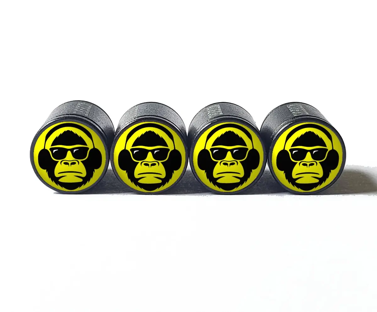 Gorilla Ape With Headphones Tire Valve Caps - Black Aluminum - Set Of Four 1