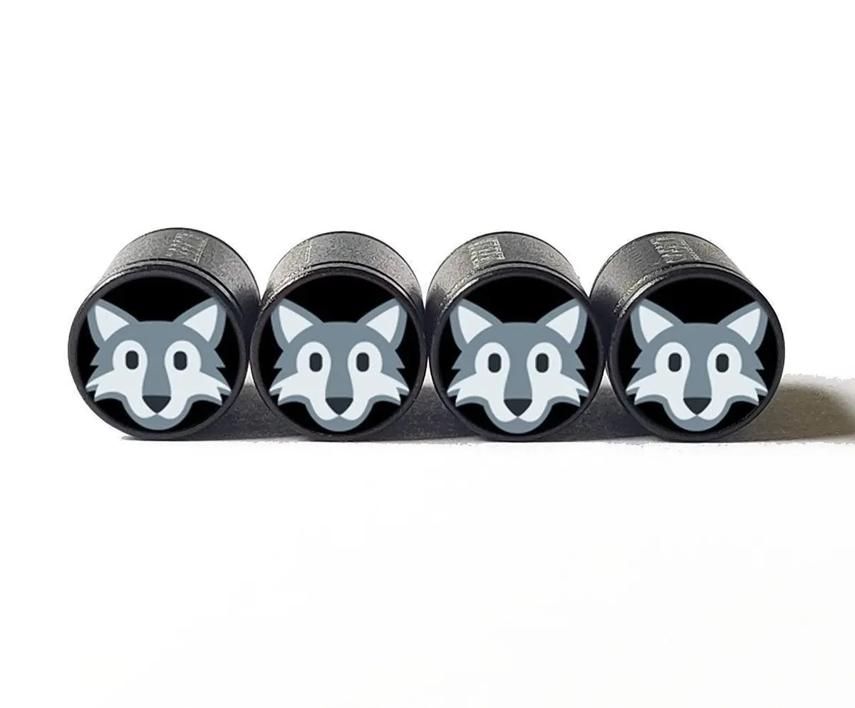 Gray Fox Face Emoji Tire Valve Caps - Black Aluminum - Set Of Four 1