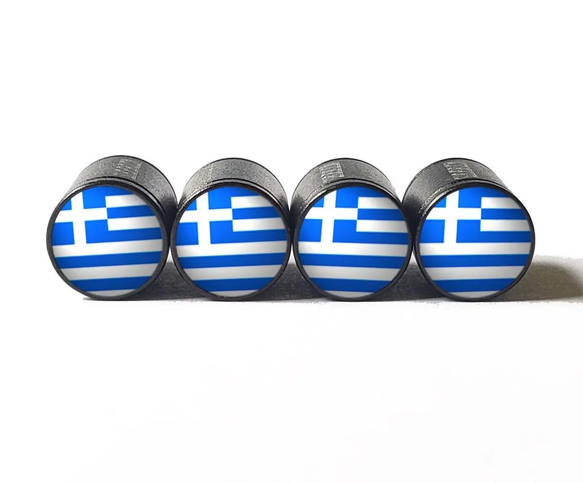 Greek Greece Flag Tire Valve Caps - Black Aluminum - Set Of Four 1