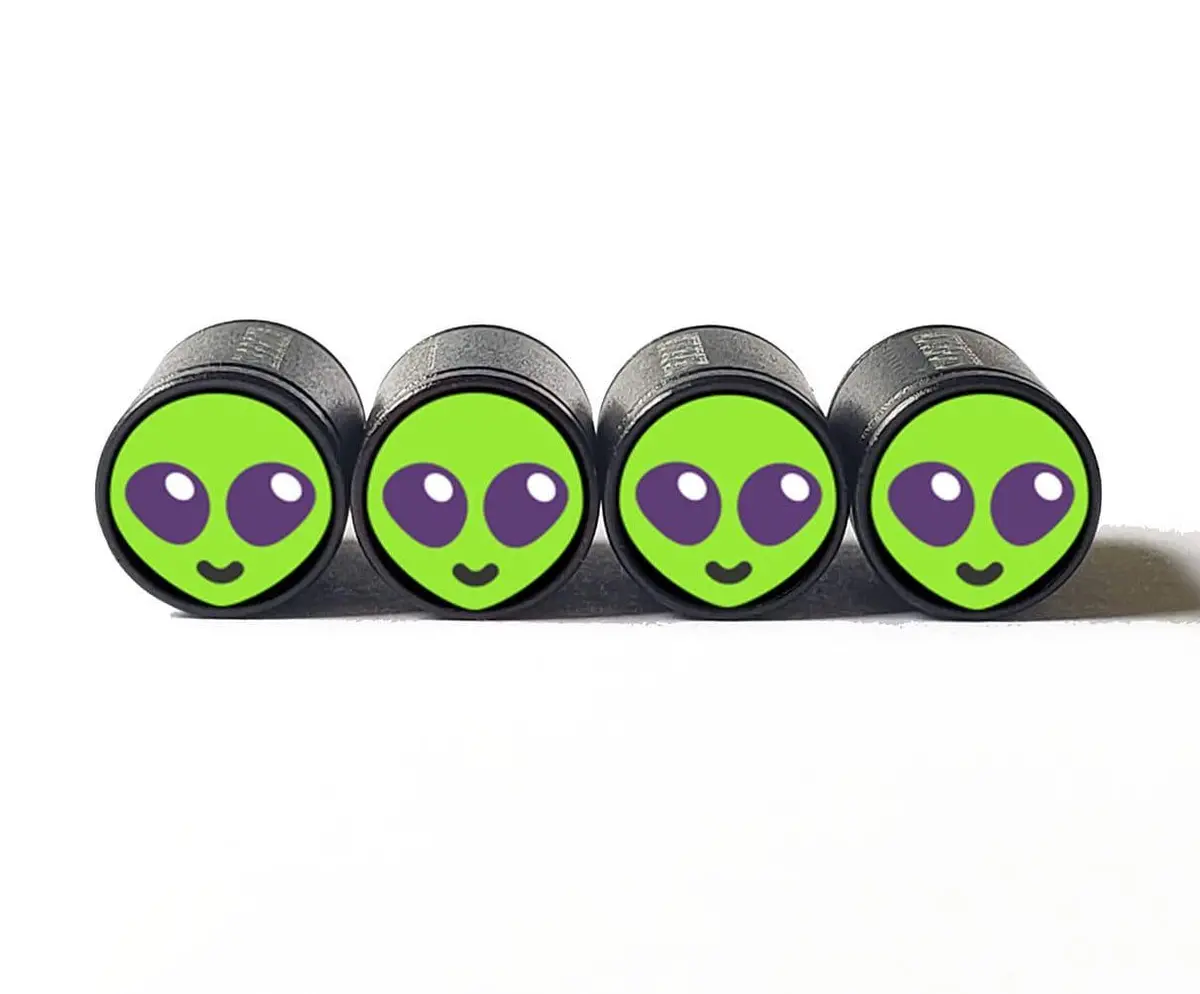 Green Alien Emoji Tire Valve Caps - Black Aluminum - Set Of Four 1