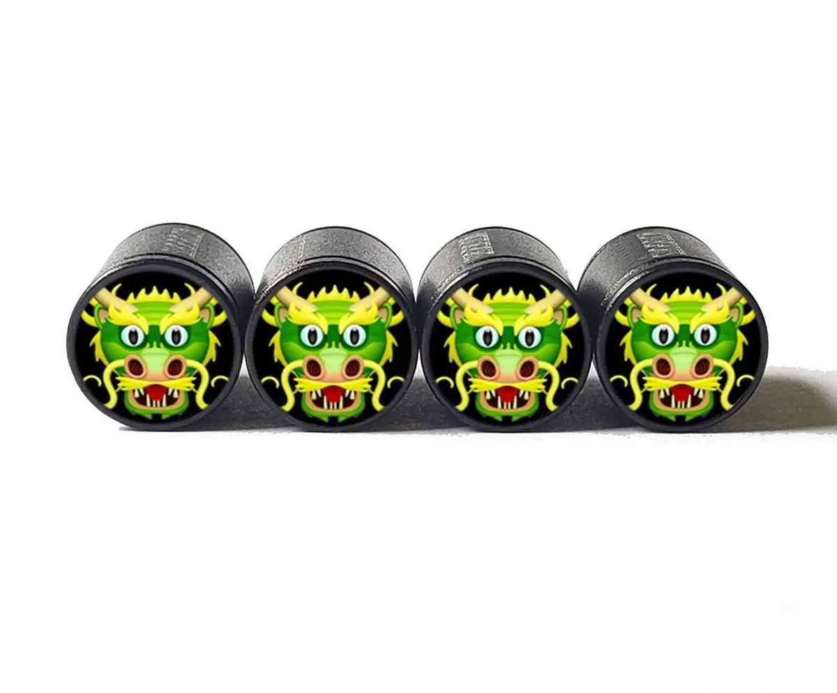 Green Dragon Face Tire Valve Caps - Black Aluminum - Set Of Four 1