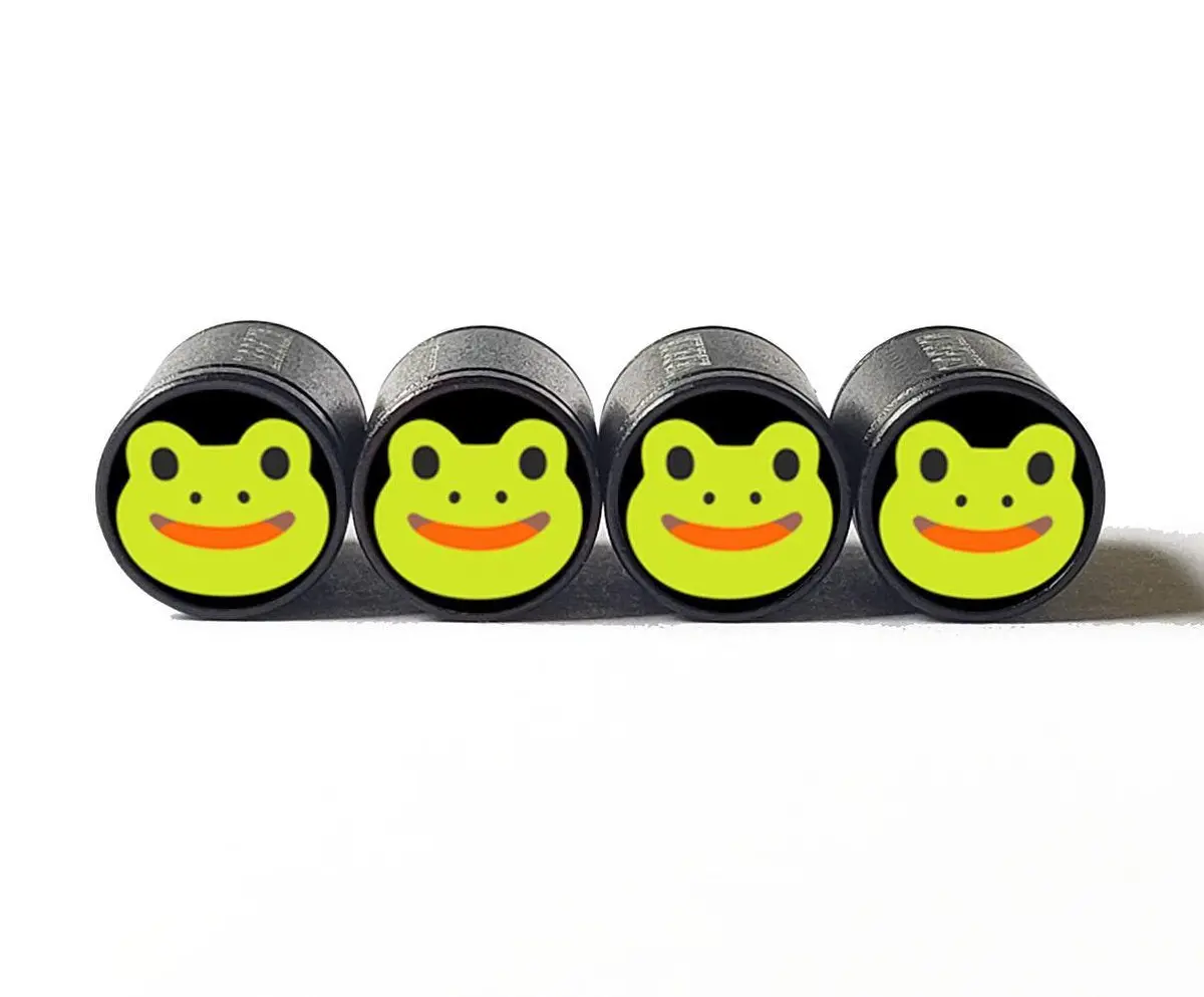 Green Frog Face Tire Valve Caps - Black Aluminum - Set Of Four 1
