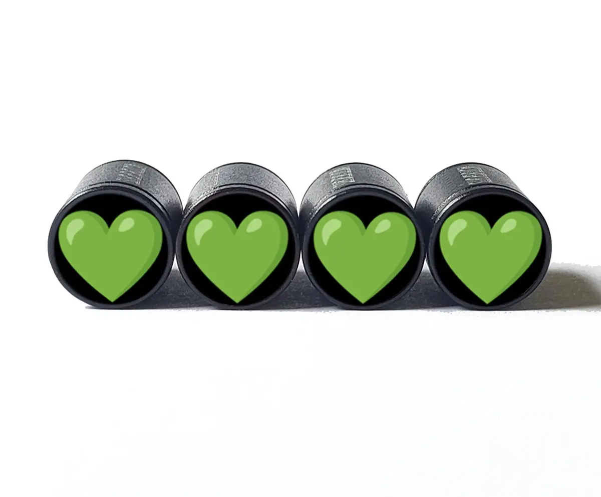 Green Heart Emoji Tire Valve Caps - Black Aluminum - Set Of Four 1