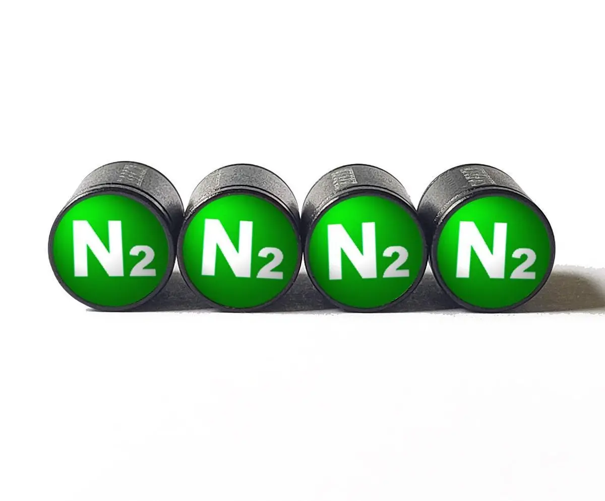 Green N2 Nitrogen Tire Valve Stem Caps - Black Aluminum - Type 1 1