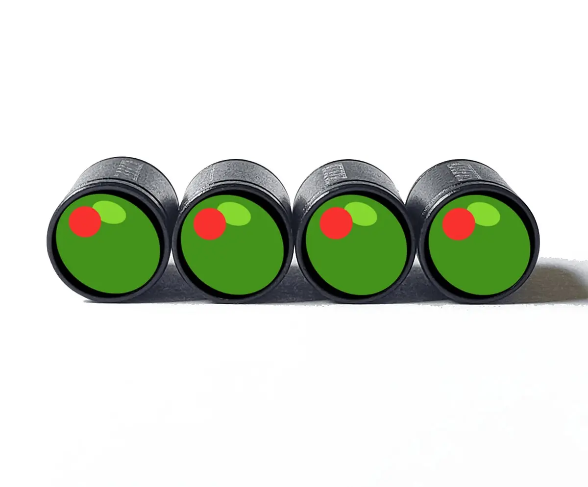 Green Olive Emoji Tire Valve Caps - Black Aluminum - Set Of Four 1