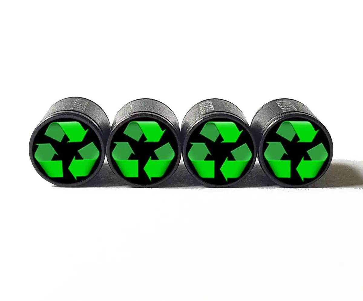 Green Recycle Emoji Tire Valve Caps - Black Aluminum - Set Of Four 1