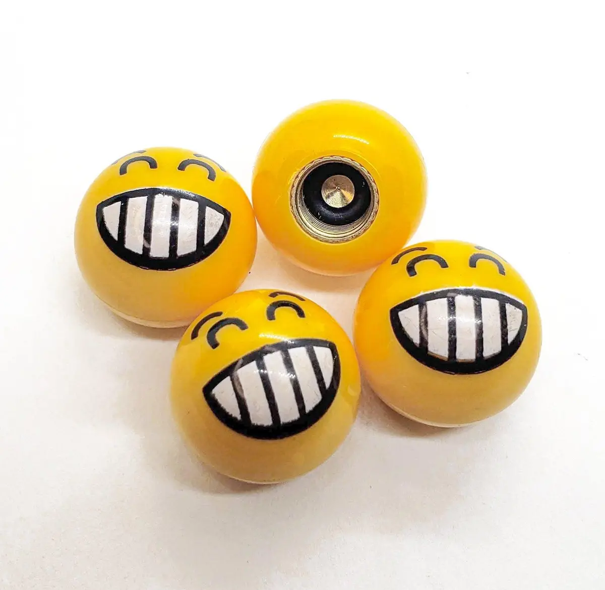 Yellow Smiley Grinning Face Tire Valve Caps - Ball Shaped - 4 Pack - Universal 1