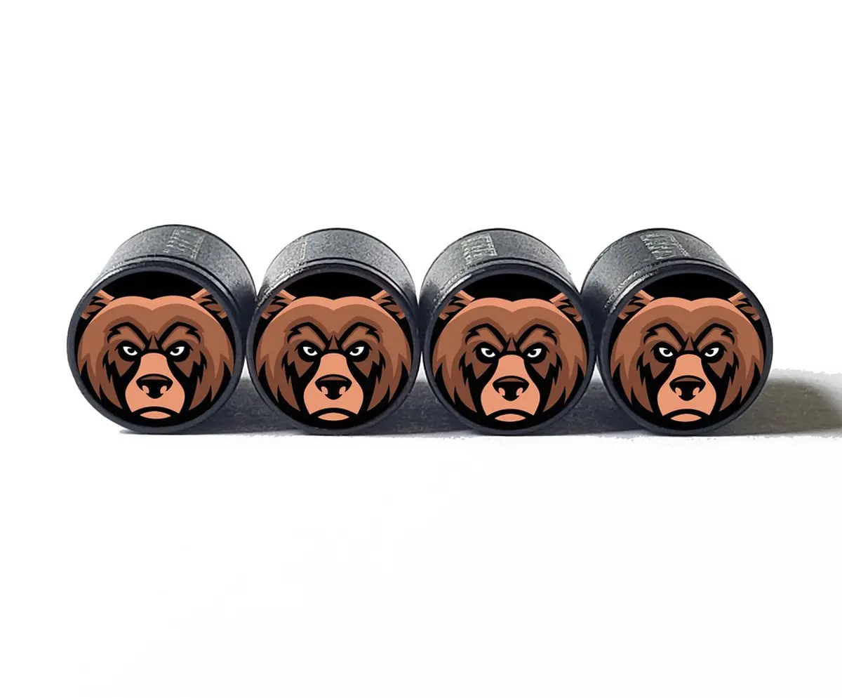 Grizzly Bear Face Tire Valve Caps - Black Aluminum - Set Of Four 1