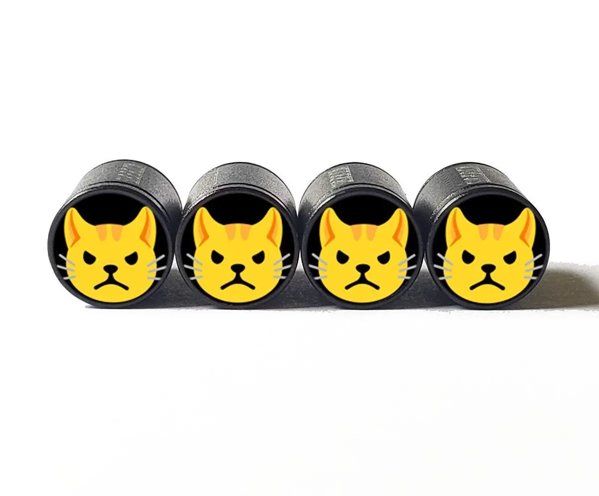 Grumpy Angry Cat Face Emoji Tire Valve Caps - Black Aluminum - Set Of Four 1