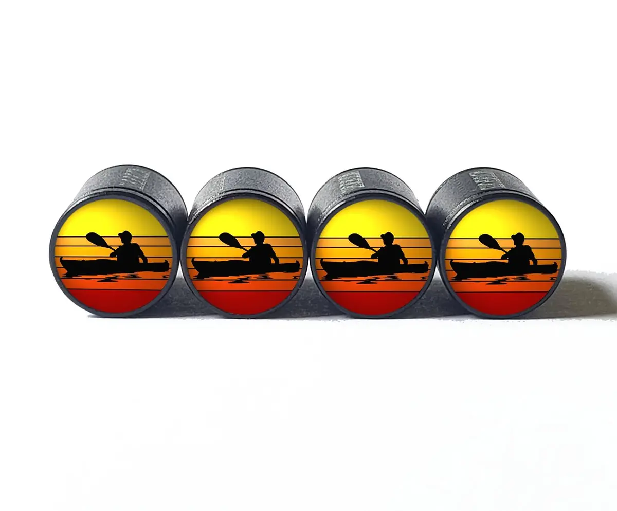 Guy On Kayak Canoe (Style 1) Tire Valve Caps - Aluminum - Set Of Four 1