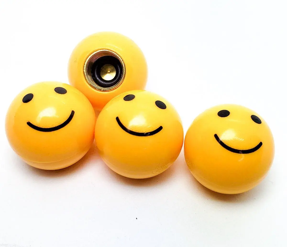 Yellow Smiley Happy Face Tire Valve Caps - Ball Shaped - Set Of Four - Universal 1