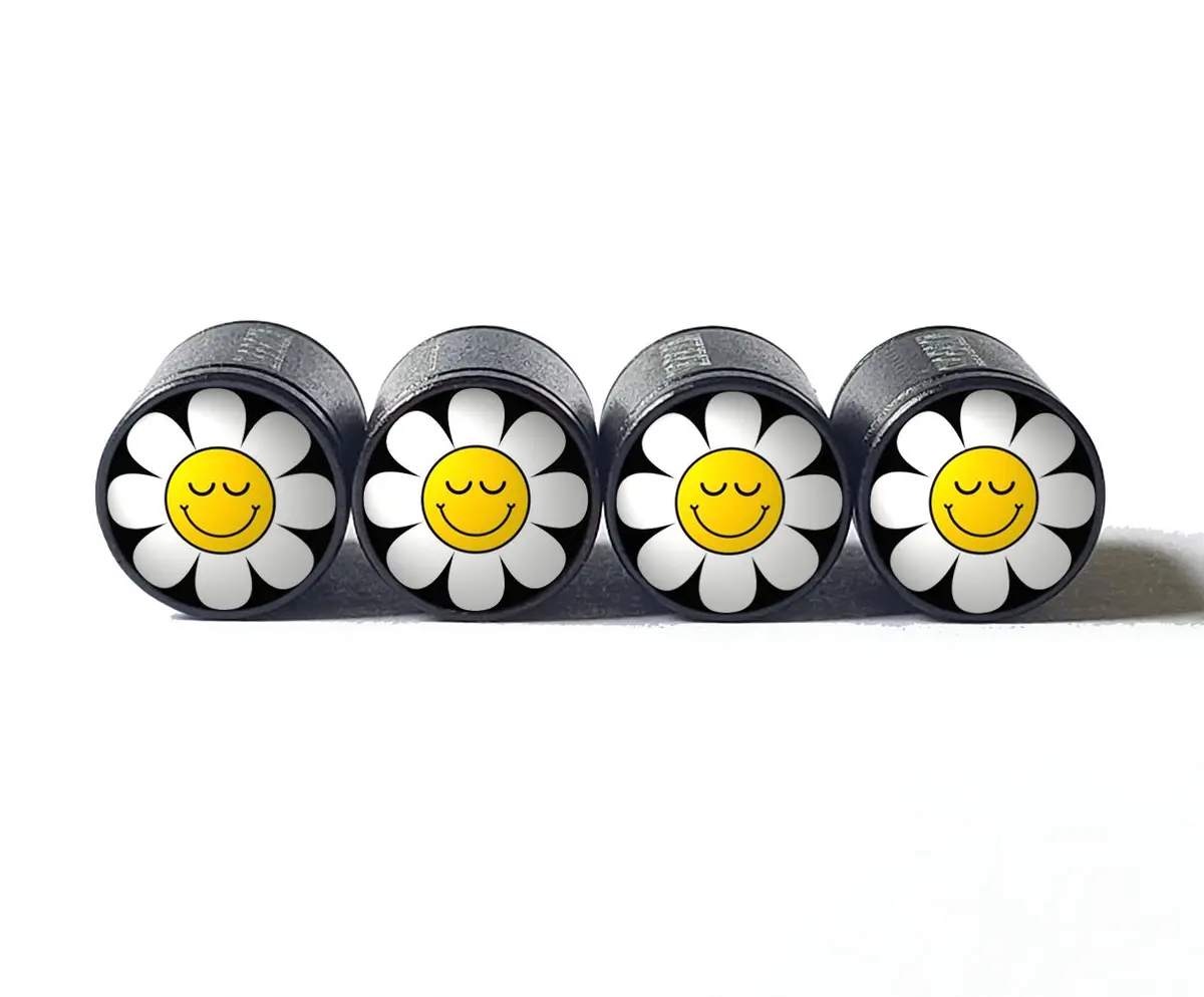 Daisy Flower Happy Face Tire Valve Caps - Black Aluminum - Set Of Four 1