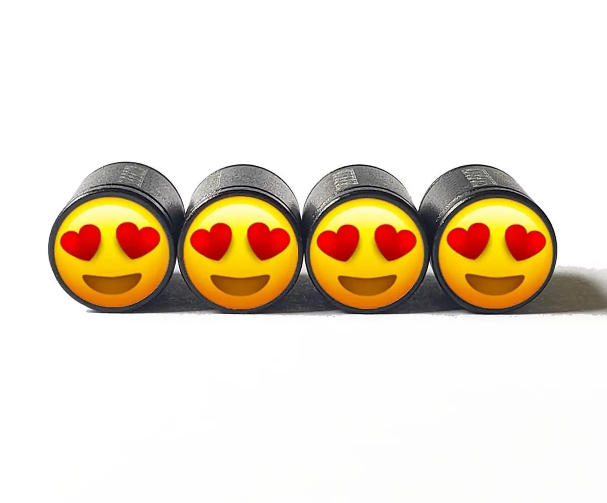 Heart Eyes Emoji Tire Valve Stem Caps - Black Aluminum - Set Of Four 1
