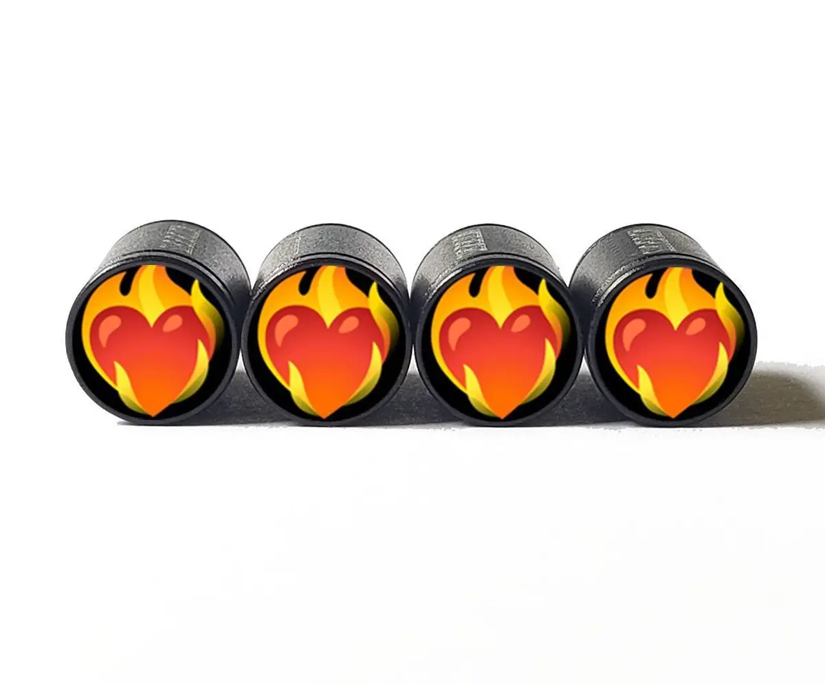 Heart On Fire Emoji Tire Valve Caps - Black Aluminum - Set Of Four 1