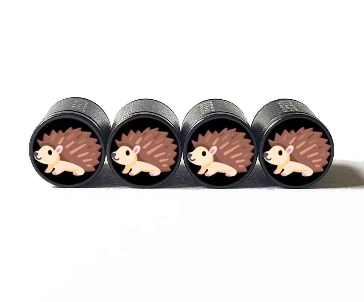 Hedgehog Porcupine Emoji Tire Valve Caps - Black Aluminum - Set Of 4 1