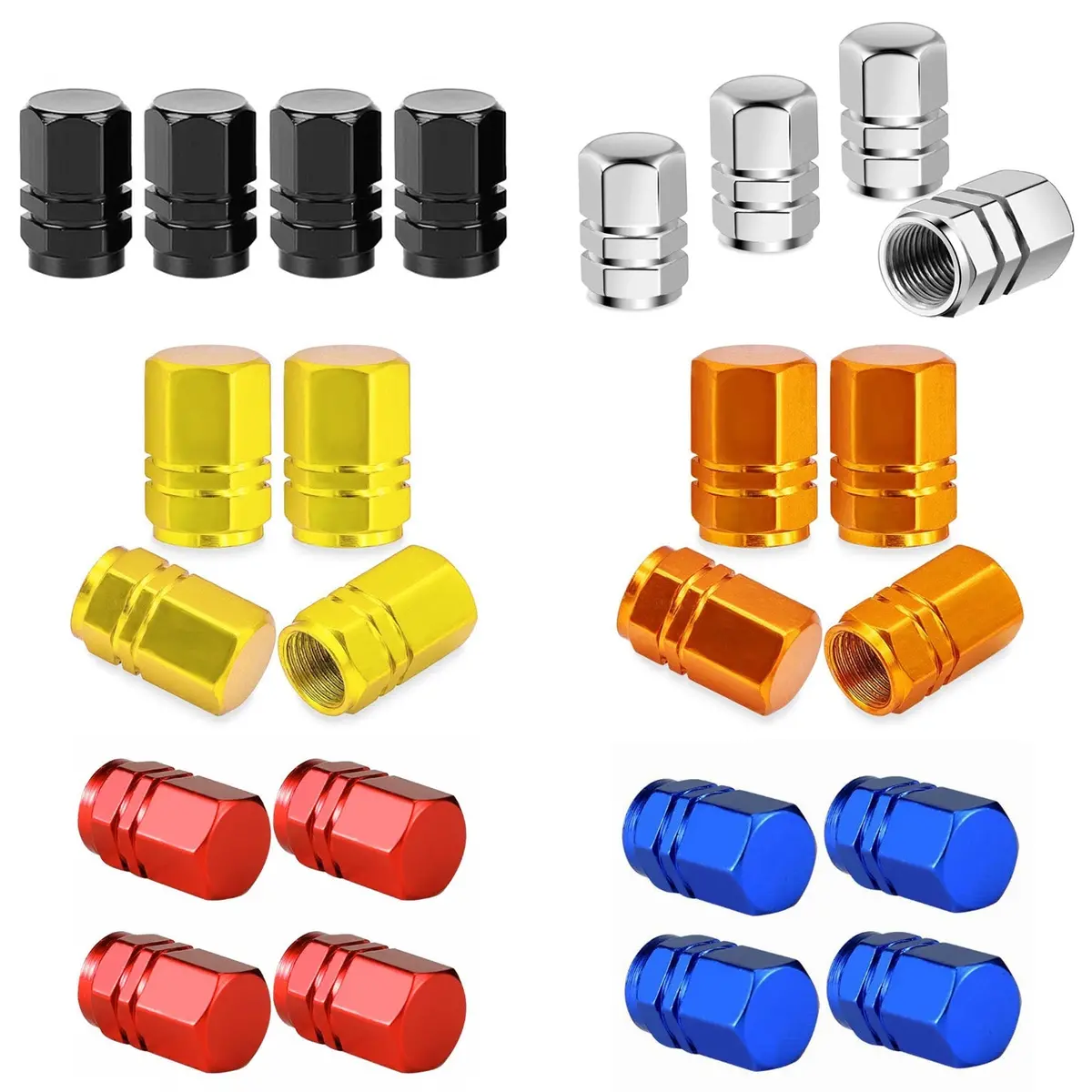 Hex Aluminum Tire Valve Caps - Set Of Four - Universal, Fits On All Vehicles 1