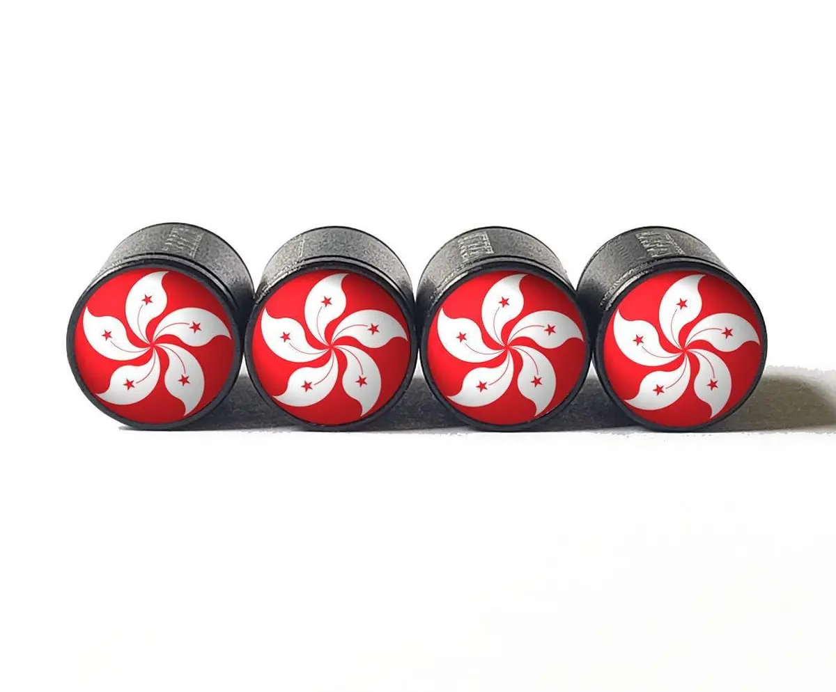 Hong Kong Flag Tire Valve Stem Caps - Black Aluminum - Set Of Four 1