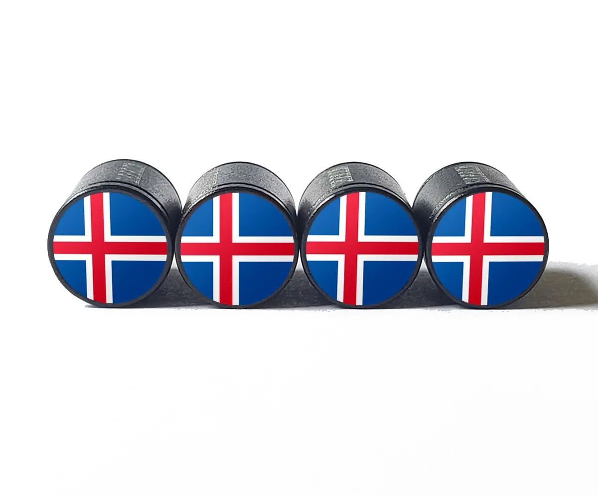 Iceland Icelandic Flag Tire Valve Stem Caps - Black Aluminum - Set Of Four 1