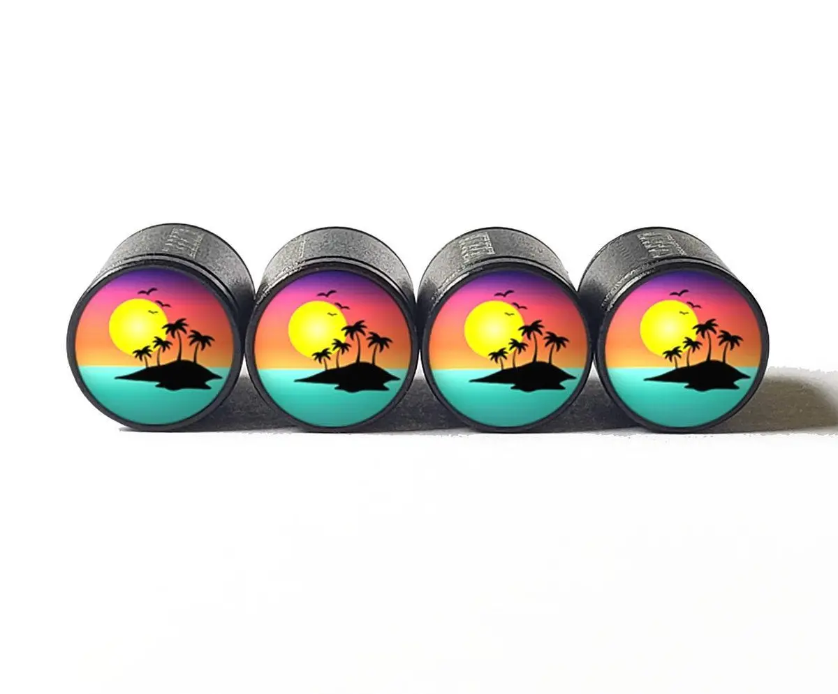 Island Paradise Sunset Tire Valve Caps - Black Aluminum - Set Of Four 1