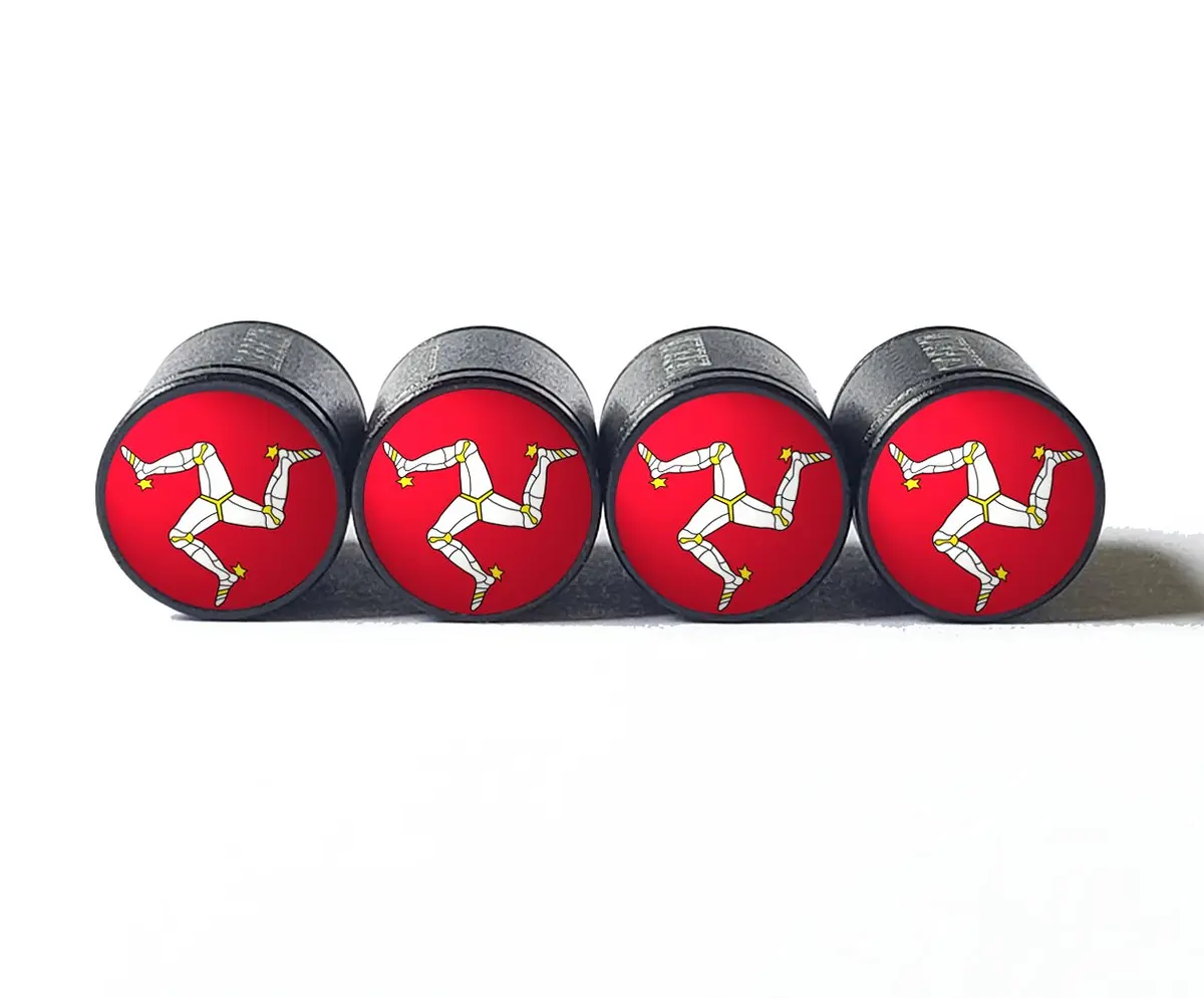 Isle Of Man Flag Tire Valve Caps - Black Aluminum - Set Of Four 1
