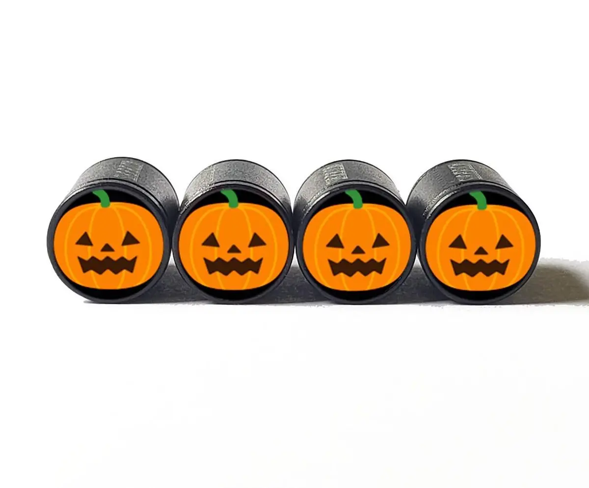 Jack-O-Latern Pumpkin Tire Valve Caps - Black Aluminum - Set Of Four 1