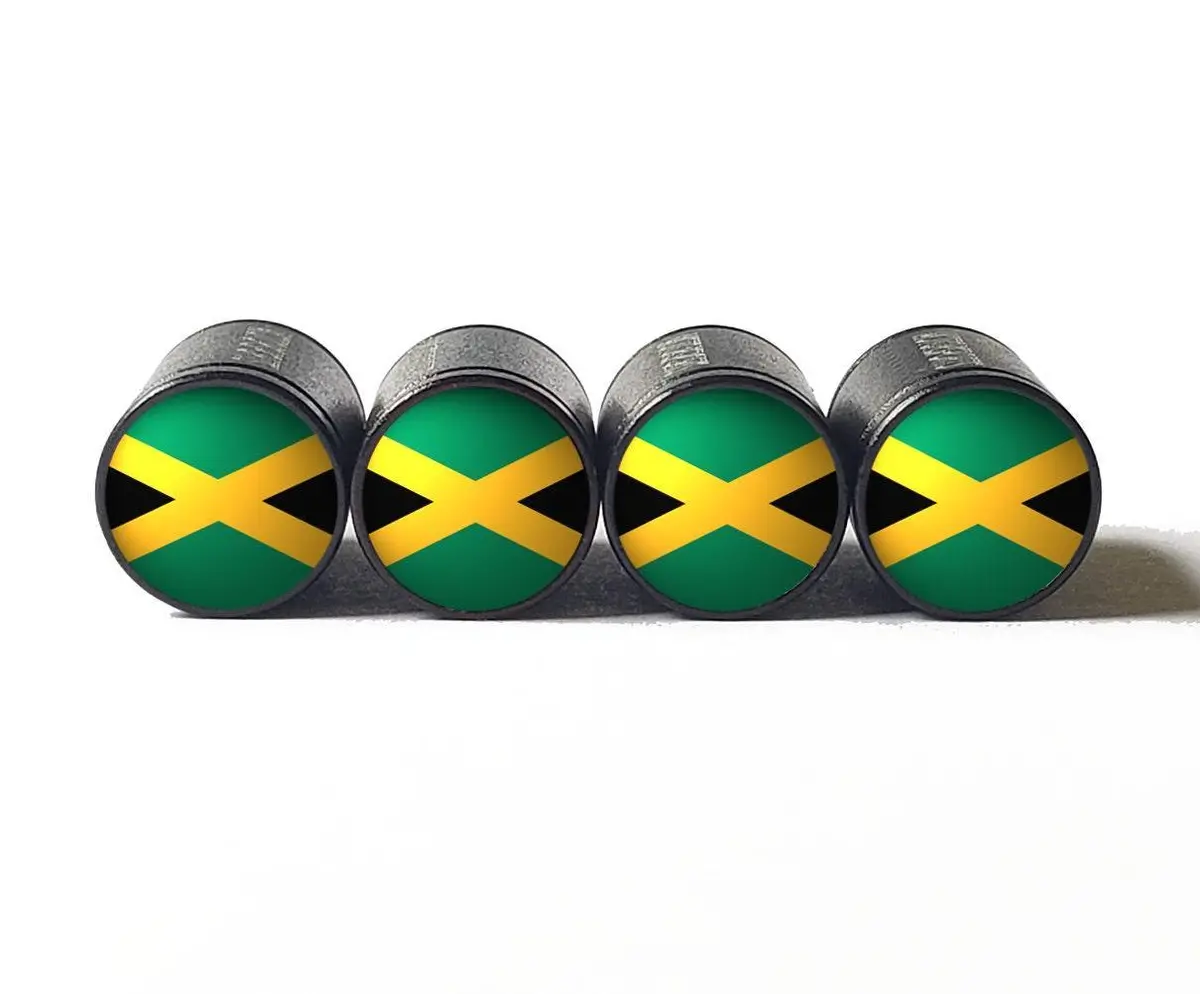Jamaica Flag Tire Valve Caps - Black Aluminum - Set Of Four 1