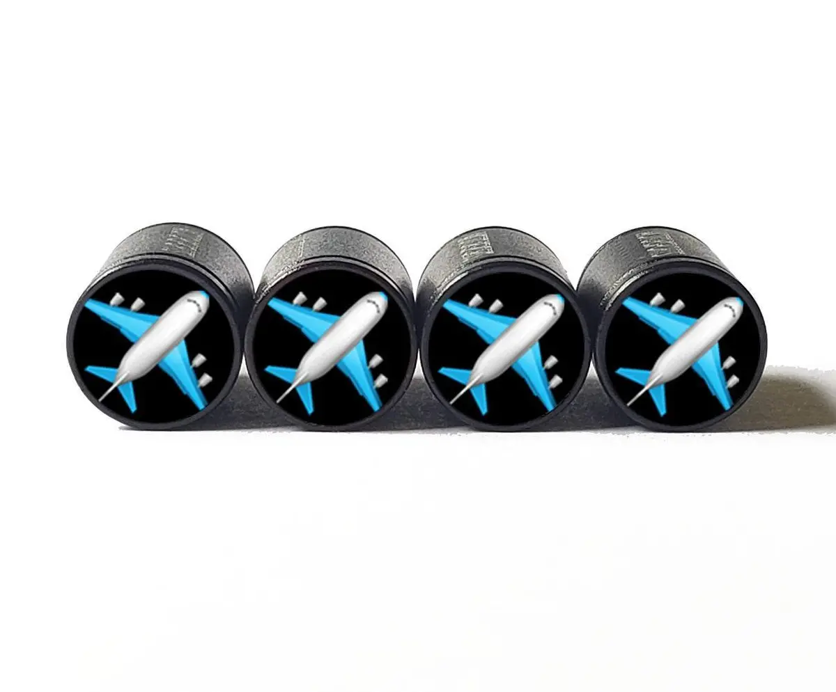 Jumbo Jet Airplane Emoji Tire Valve Caps - Black Aluminum - Set Of 4 1