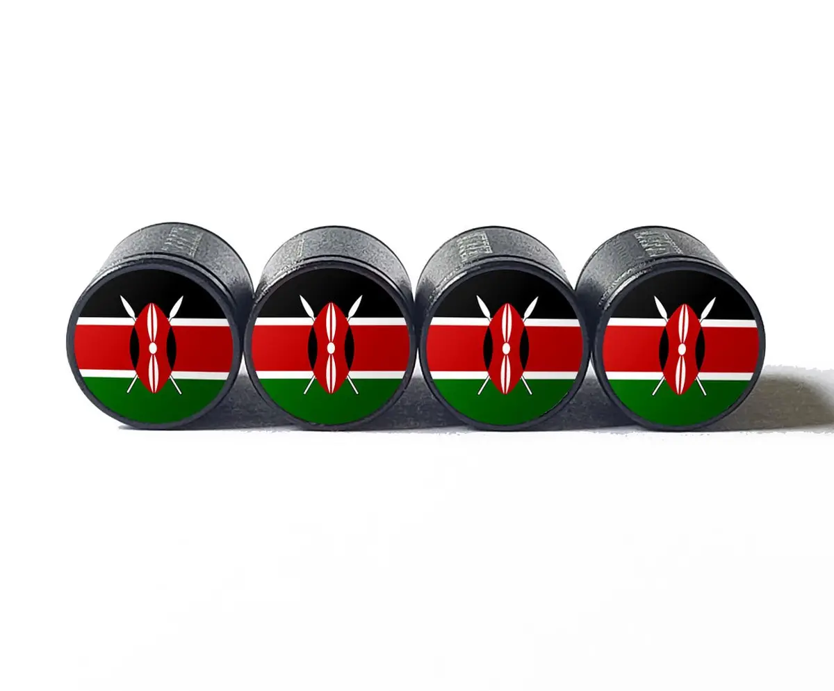 Kenya Kenyan Flag Tire Valve Stem Caps - Black Aluminum - Set Of Four 1