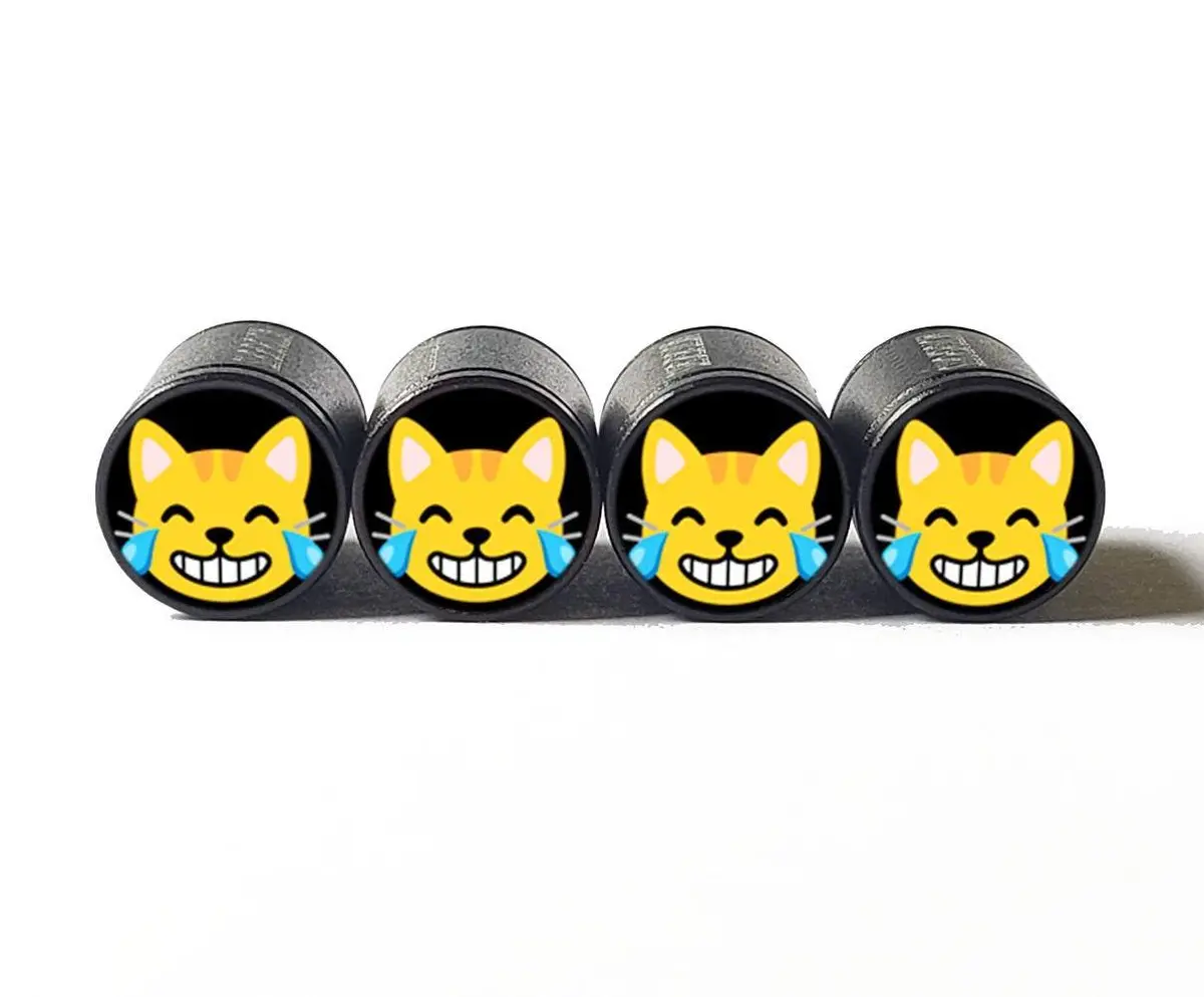 Laughing Cat Face Tire Valve Caps - Black Aluminum - Set Of Four 1