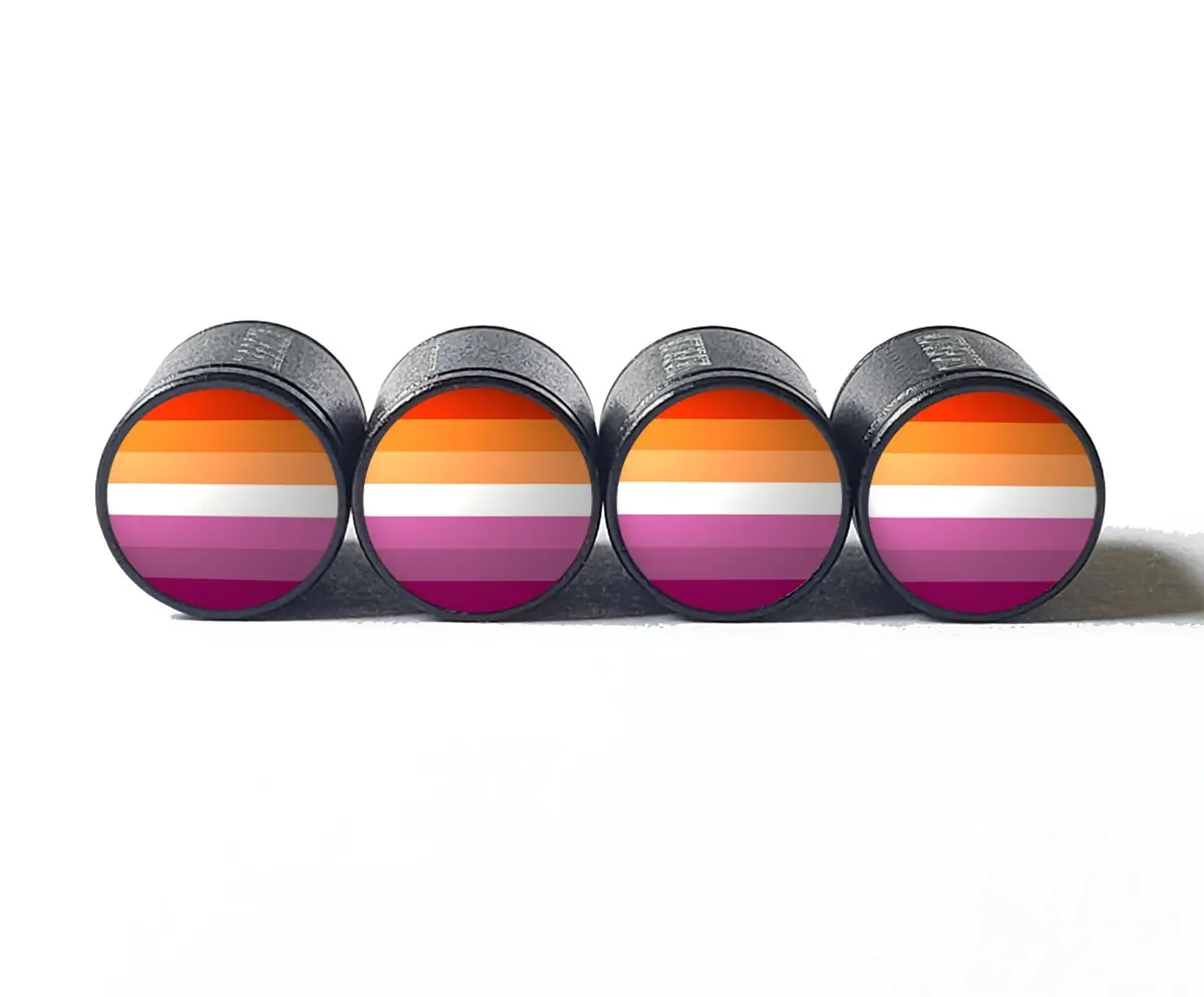 Lesbian Flag (Orange-Pink) Tire Valve Caps - Black Aluminum - Set Of Four 1