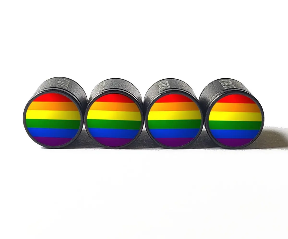 Lgbtq+ Rainbow Pride Flag Tire Valve Caps - Black Aluminum - Set Of Four 1