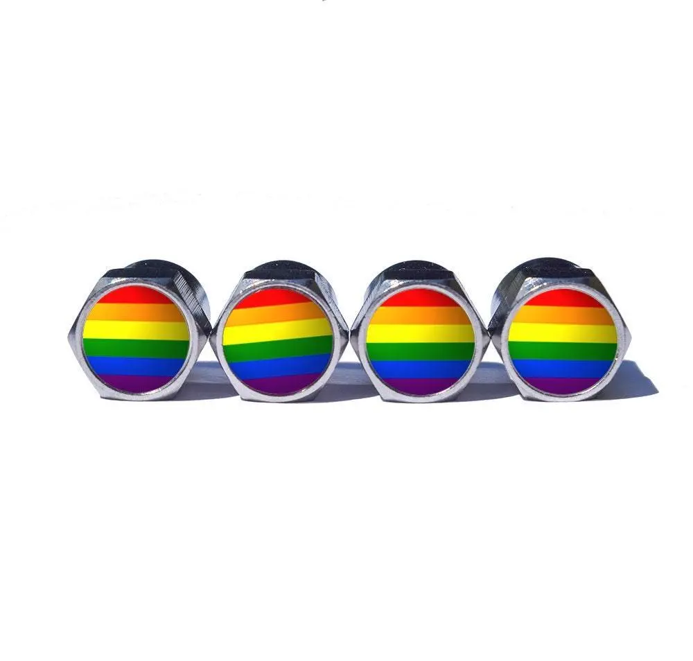 Lgbtq+ Rainbow Pride Flag Tire Valve Caps - Chrome Coated - Set Of Four 1