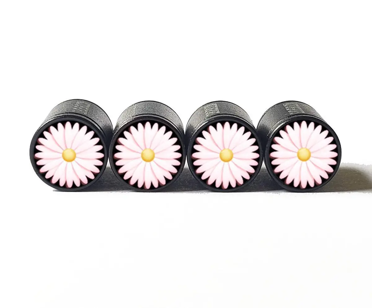 Light Pink Daisy Flower Tire Valve Caps - Black Aluminum - Set Of Four 1