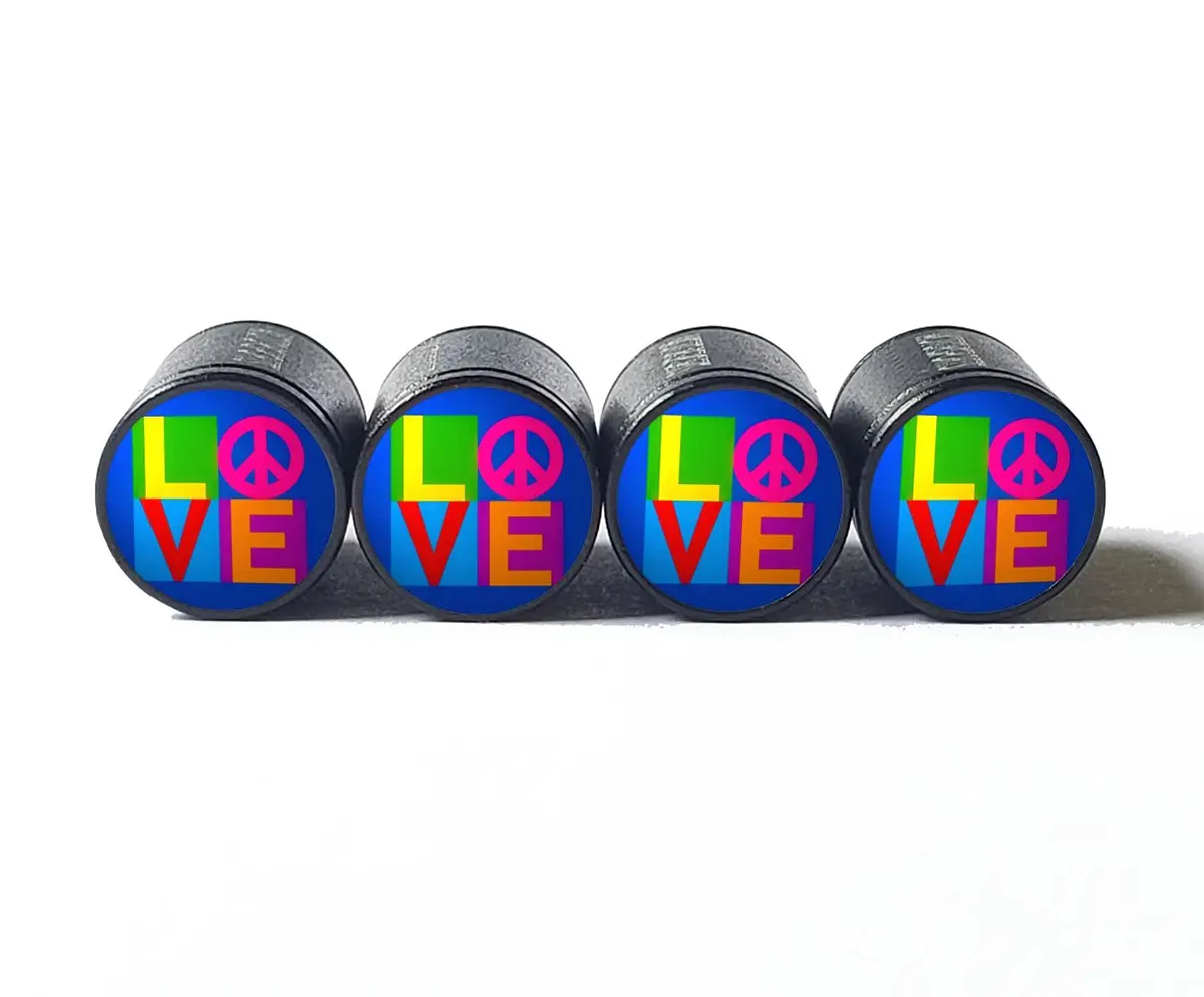 Love With Peace Sign Tire Valve Caps - Black Aluminum - Set Of Four 1
