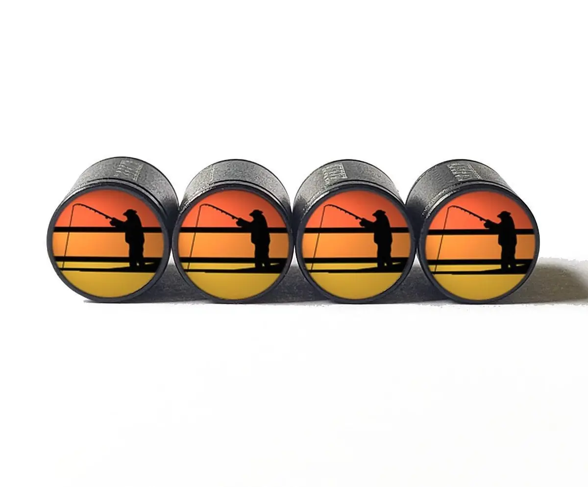 Fisherman At Sunset Tire Valve Caps - Black Aluminum - Set Of Four 1
