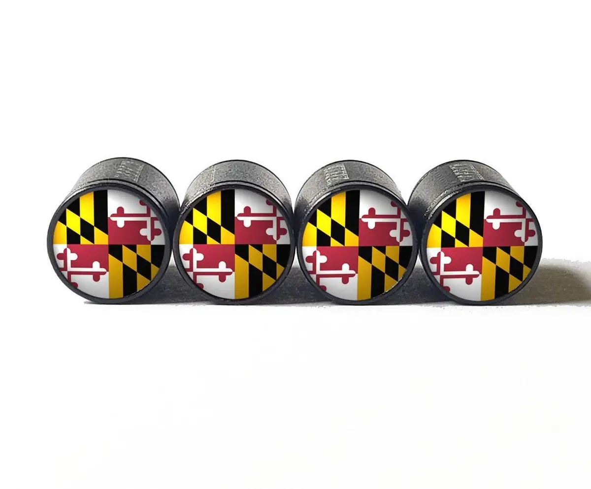 Maryland State Flag Tire Valve Caps - Black Aluminum - Set Of Four 1