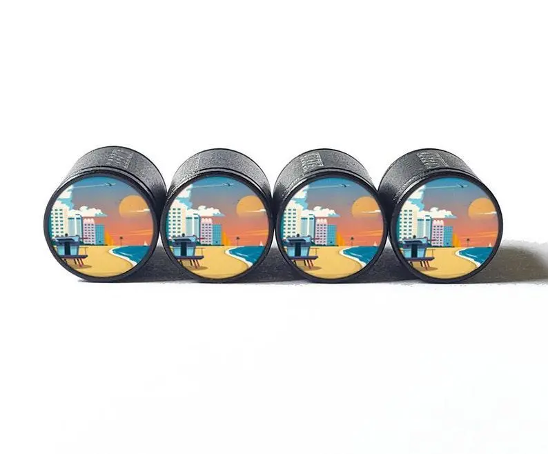 Miami Beach Illustration Tire Valve Caps - Black Aluminum - Set Of 4 1