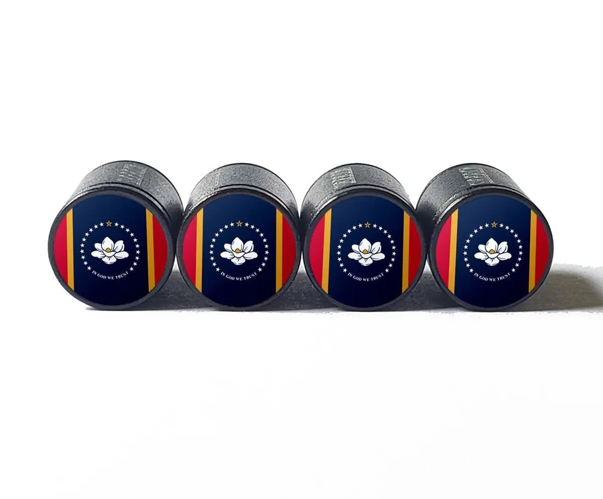 Mississippi State Flag Tire Valve Caps - Black Aluminum - Set Of Four 1