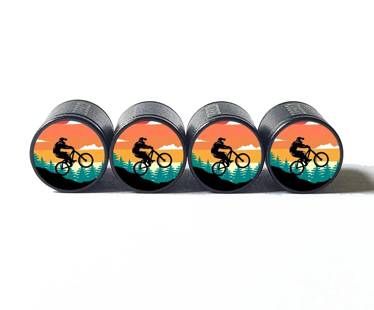 Mountain Bike Rider Tire Valve Caps - Black Aluminum - Set Of Four 1