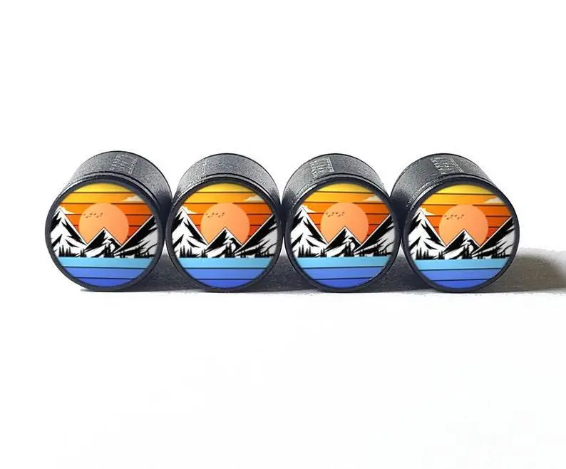 Mountain Range (Style 3) Tire Valve Caps - Black Aluminum - Set Of 4 1